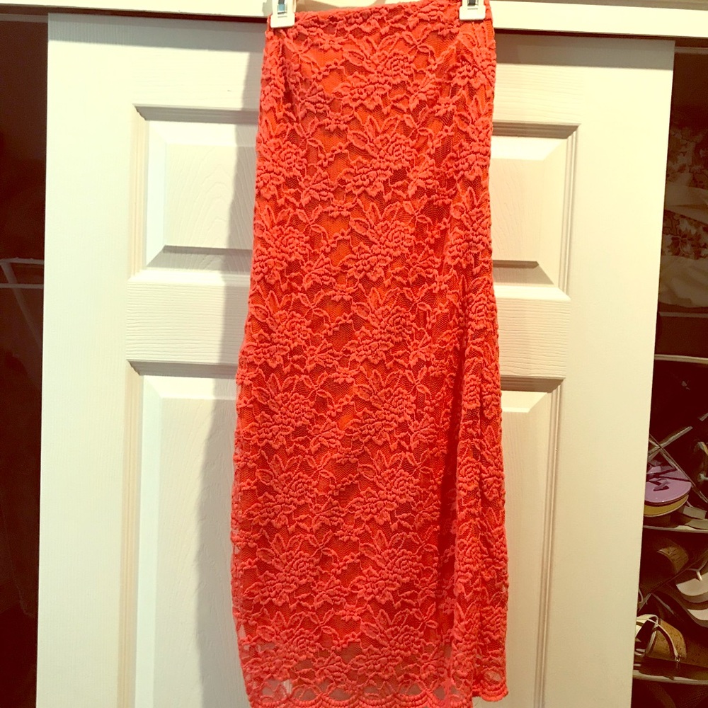 Floral coral lace strapless dress